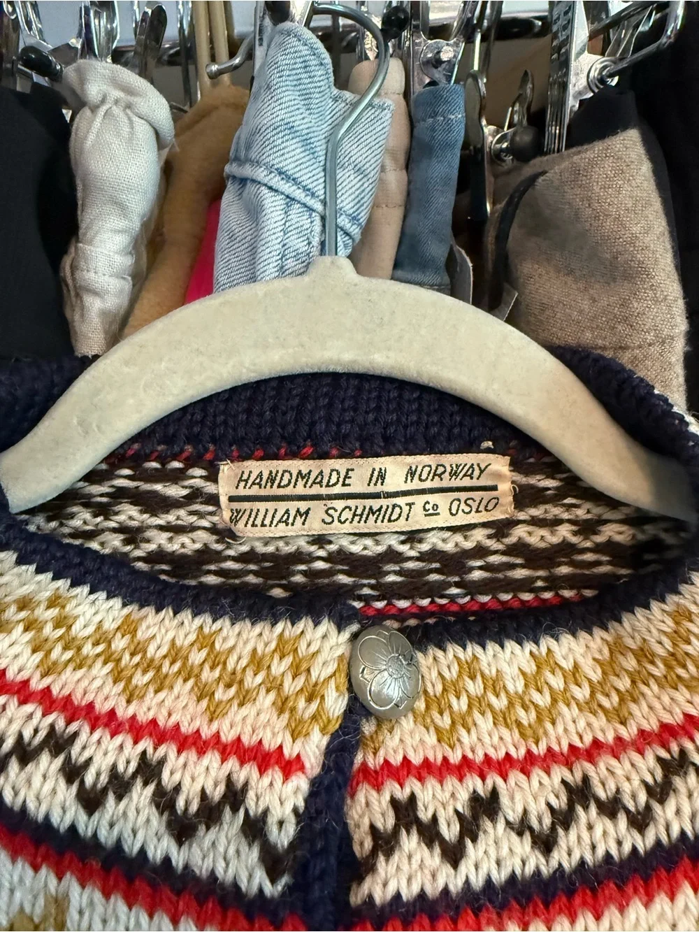 William Schmidt Handmade Norwegian Fair Isle Cardigan in Cream, Navy & Red - Picture 2 of 4